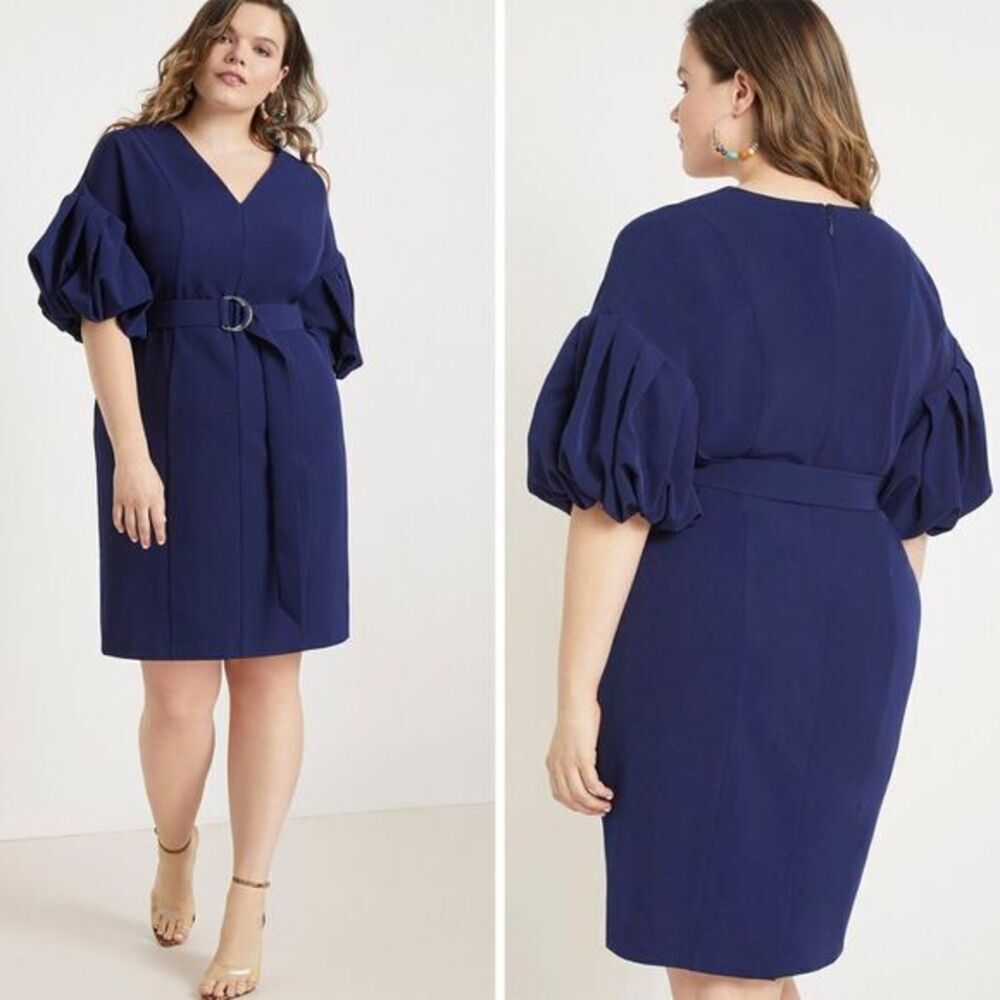 NEW Eloquii navy blue Puff‎ Sleeve Sheath belted Dress, 20